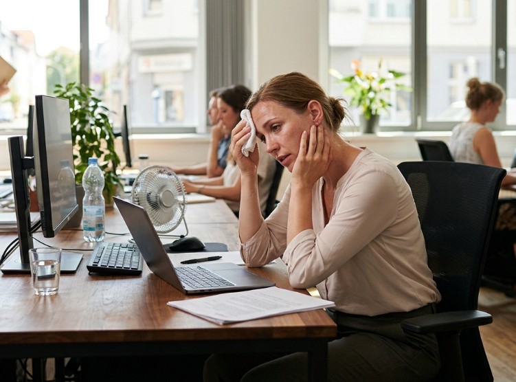 Frau schwitzt im Büro